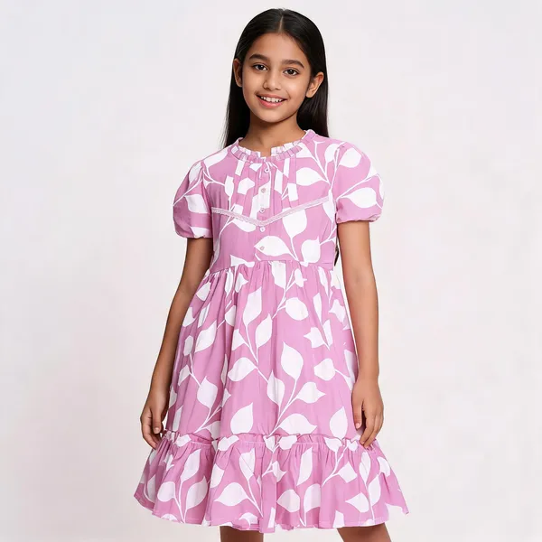 Pink_Cotton_Leaf_Print_Frill_Fit_And_Flare_Dress_For_Girls