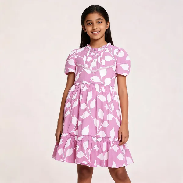Pink_Cotton_Leaf_Print_Frill_Fit_And_Flare_Dress_For_Girls