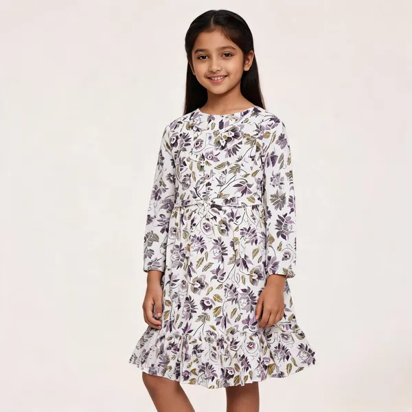 White_Floral_Print_Full_Sleeve_Fit_Flare_Dress_For_Girls