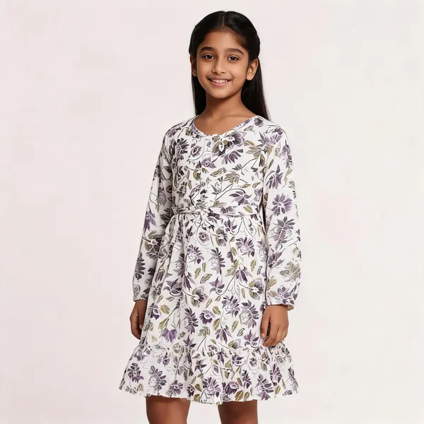 White_Floral_Print_Full_Sleeve_Fit_Flare_Dress_For_Girls