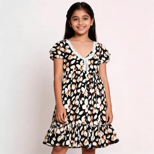 Black_Floral_Print_Ruffle_Hem_Fit_And_Flare_Dress_For_Girls