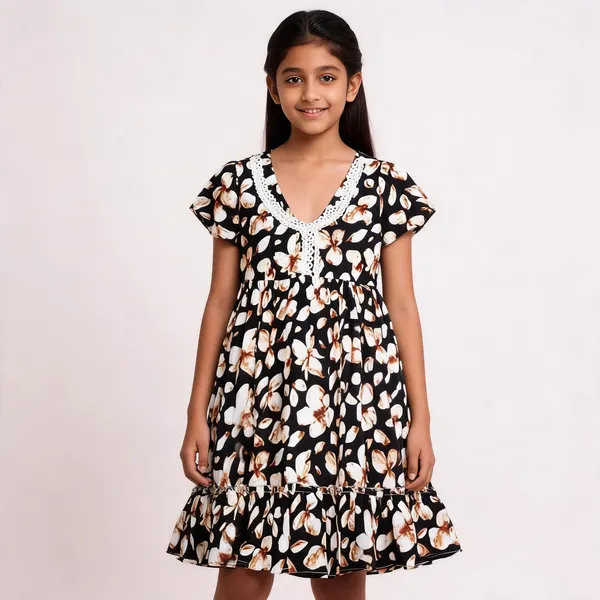 Black_Floral_Print_Ruffle_Hem_Fit_And_Flare_Dress_For_Girls
