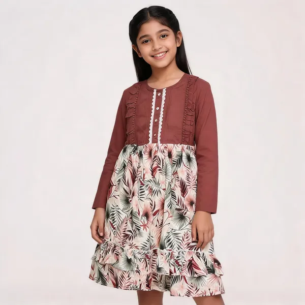 Rust_Cotton_Floral_Print_Full_Sleeve_Dress_For_Girls