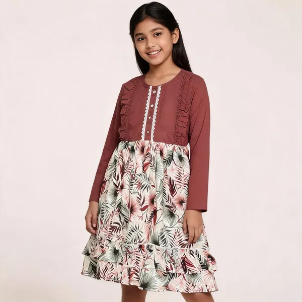 Rust_Cotton_Floral_Print_Full_Sleeve_Dress_For_Girls