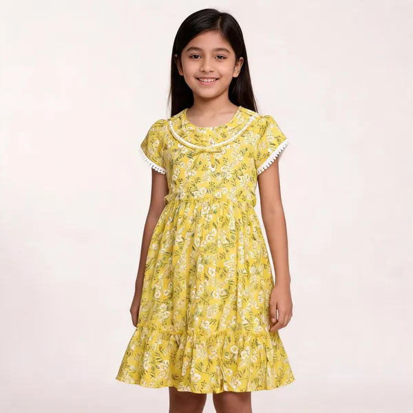 Yellow_Floral_Print_Frilled_Cotton_Dress_For_Girls