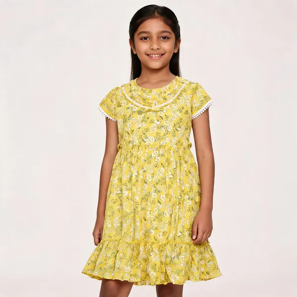 Yellow_Floral_Print_Frilled_Cotton_Dress_For_Girls