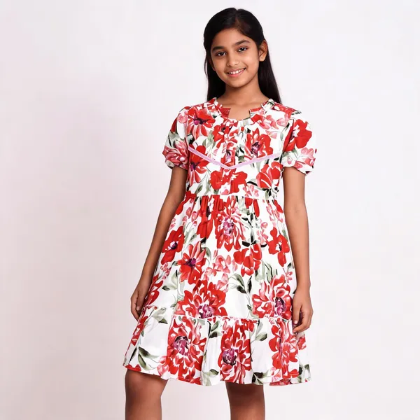 Red_Floral_Print_Puff_Sleeve_Fit_And_Flare_Dress_For_Girls