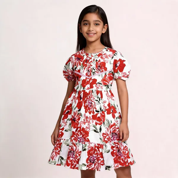 Red_Floral_Print_Puff_Sleeve_Fit_And_Flare_Dress_For_Girls