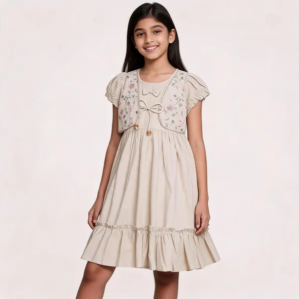 Beige_Cotton_Floral_Embroidered_Flared_Dress_For_Girls