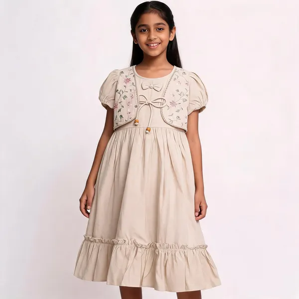 Beige_Cotton_Floral_Embroidered_Flared_Dress_For_Girls