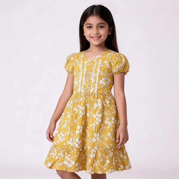 Yellow_Floral_Print_Cotton_Frock_For_Girls