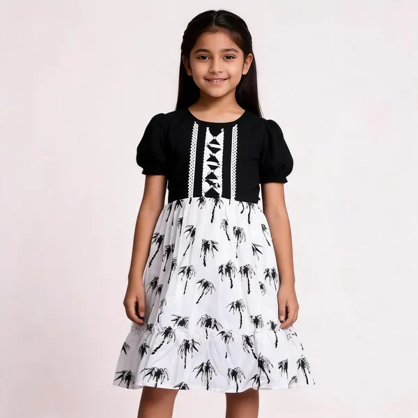 Black_White_Cotton_Palm_Tree_Print_Fit_Flare_Dress_For_Girls
