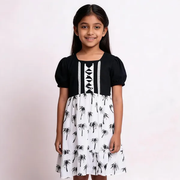 Black_White_Cotton_Palm_Tree_Print_Fit_Flare_Dress_For_Girls
