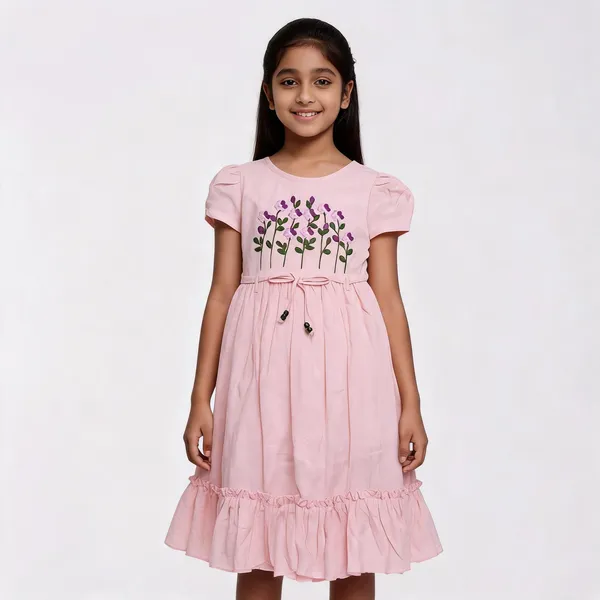 Pink_Linen_Floral_Embroidered_Fit_And_Flare_Dress_For_Girls