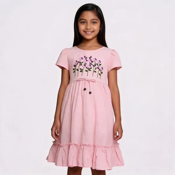 Pink_Linen_Floral_Embroidered_Fit_And_Flare_Dress_For_Girls