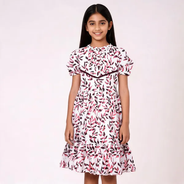 White_Floral_Print_Ruffle_Fit_And_Flare_Dress_For_Girls