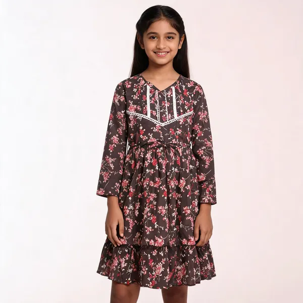 Brown_Floral_Print_Full_Sleeve_Fit_And_Flare_Dress_For_Girls