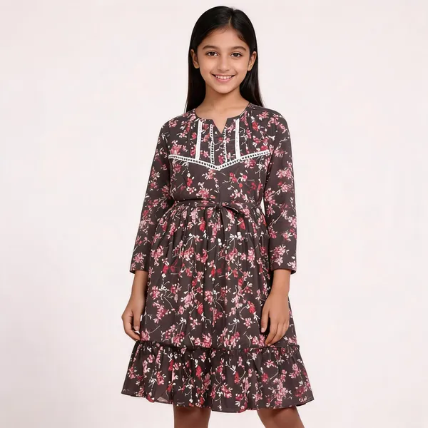 Brown_Floral_Print_Full_Sleeve_Fit_And_Flare_Dress_For_Girls