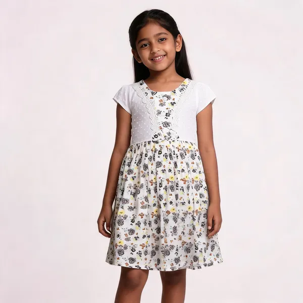 White_Floral_Print_Cap_Sleeve_Fit_And_Flare_Dress_For_Girls