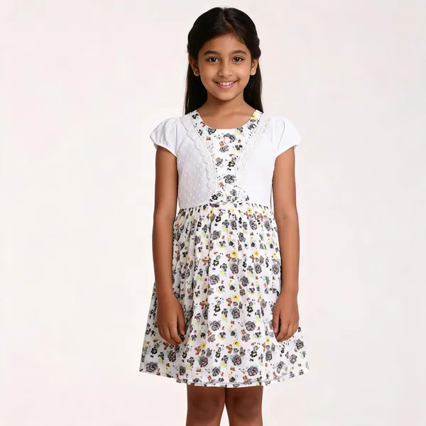 White_Floral_Print_Cap_Sleeve_Fit_And_Flare_Dress_For_Girls