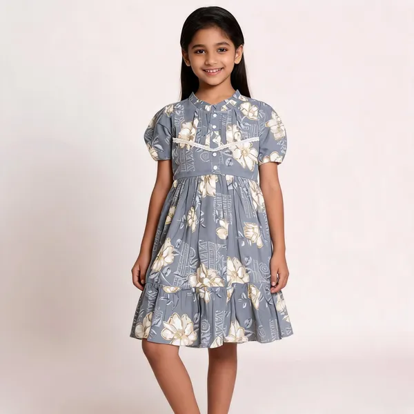 Grey_Floral_Print_Puff_Sleeve_Fit_And_Flare_Dress_For_Girls