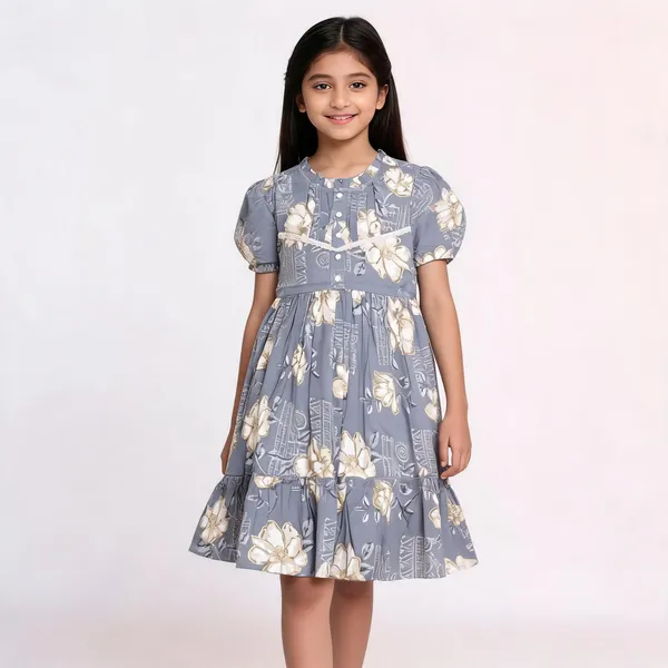 Grey_Floral_Print_Puff_Sleeve_Fit_And_Flare_Dress_For_Girls