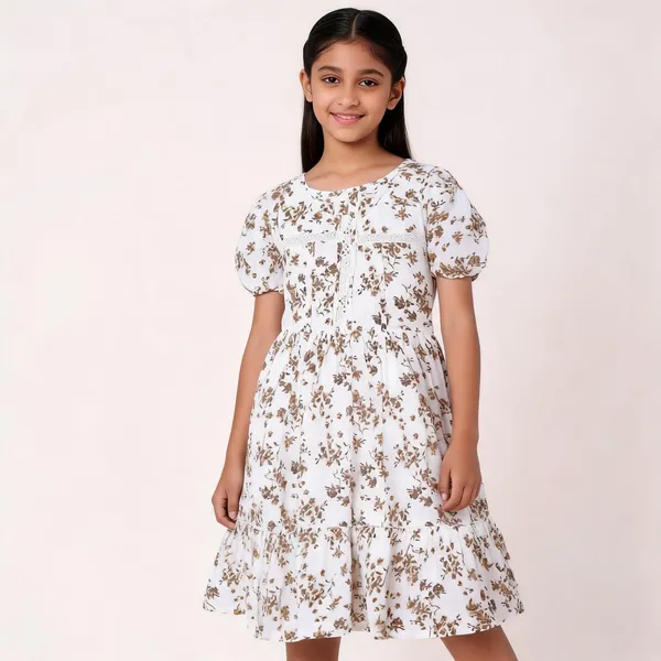 White_Floral_Print_Puff_Sleeve_Dress_For_Girls