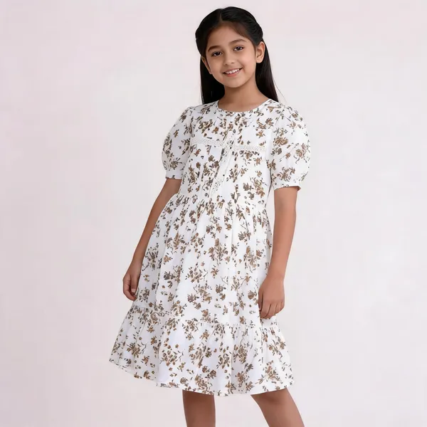 White_Floral_Print_Puff_Sleeve_Dress_For_Girls