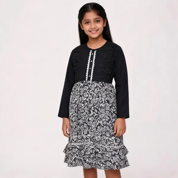 Black_Cotton_Floral_Print_Full_Sleeve_Dress_For_Girls