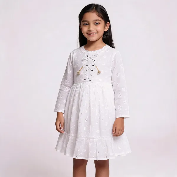 White_Cotton_Lace_Up_Full_Sleeve_Dress_For_Girls
