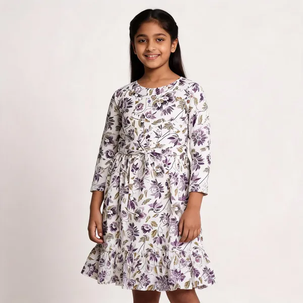 White_Floral_Print_Long_Sleeve_Fit_And_Flare_Dress_For_Girls