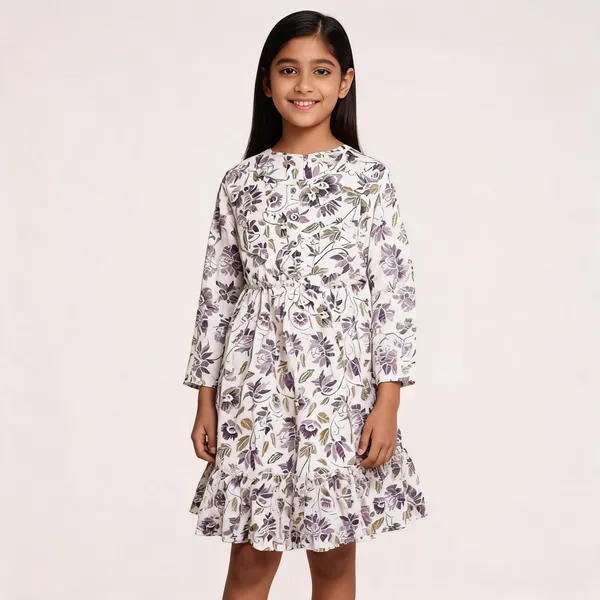 White_Floral_Print_Long_Sleeve_Fit_And_Flare_Dress_For_Girls