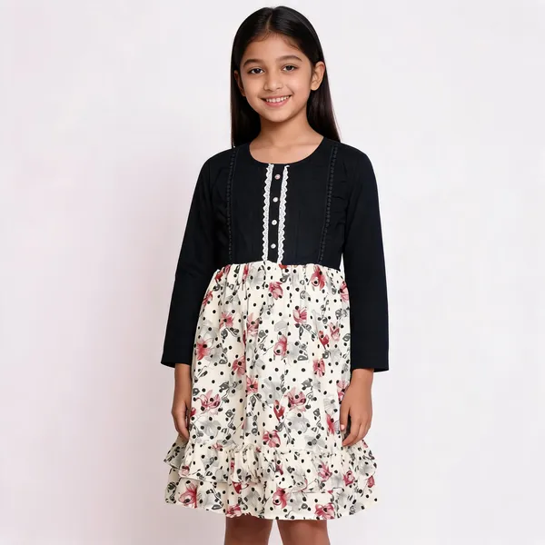 Black_Floral_Print_Full_Sleeve_Fit_And_Flare_Dress_For_Girls