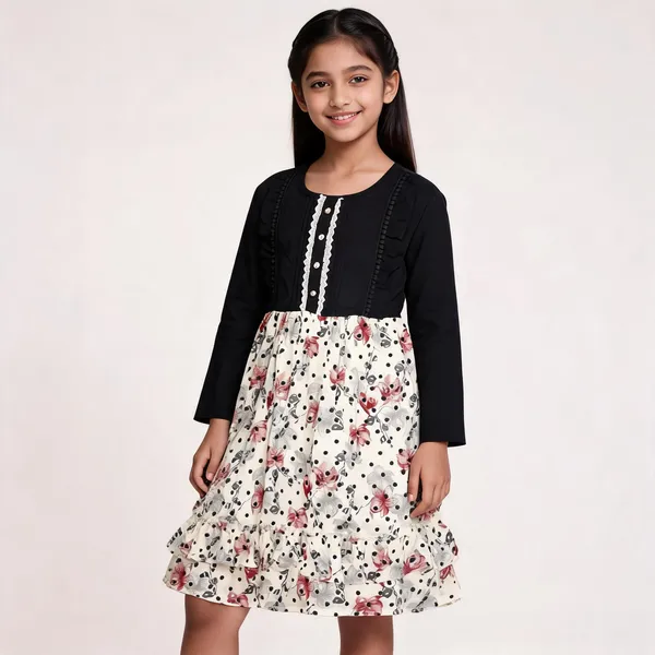 Black_Floral_Print_Full_Sleeve_Fit_And_Flare_Dress_For_Girls