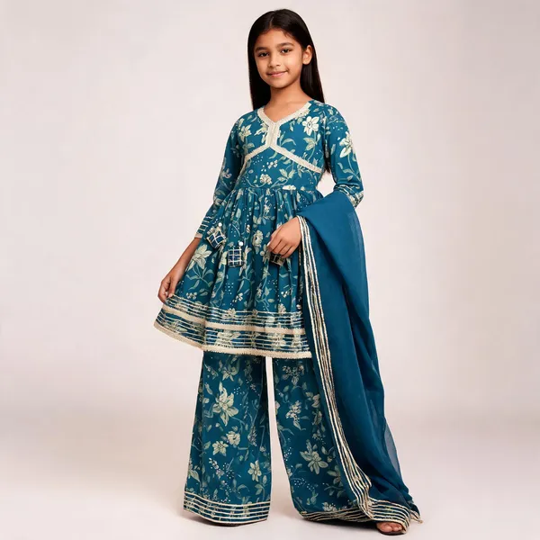 Teal_Floral_Print_Sharara_Set_For_Girls