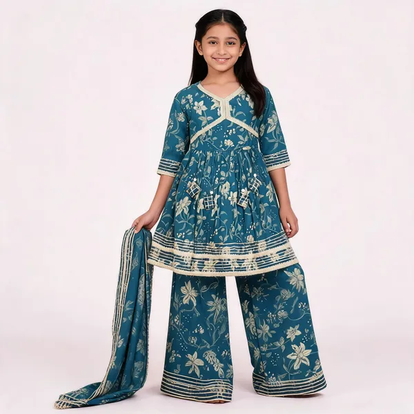Teal_Floral_Print_Sharara_Set_For_Girls