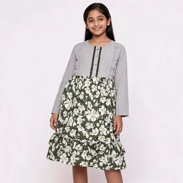 Grey_Green_Cotton_Floral_Print_Fit_And_Flare_Dress_For_Girls