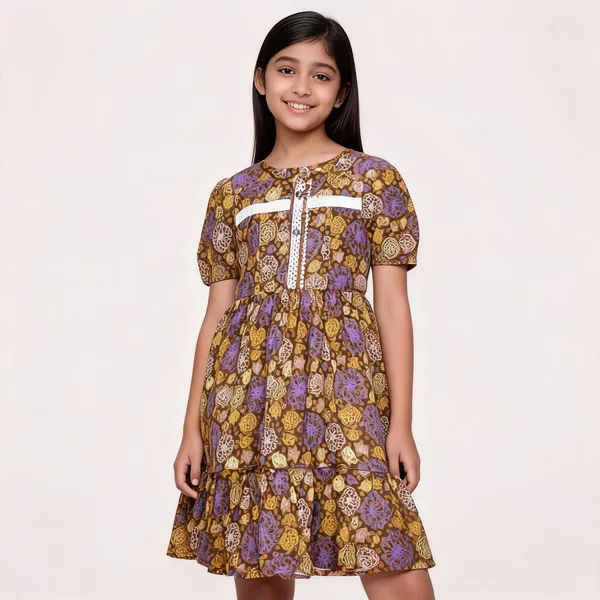 Brown_Floral_Print_Puff_Sleeve_Fit_And_Flare_Dress_For_Girls