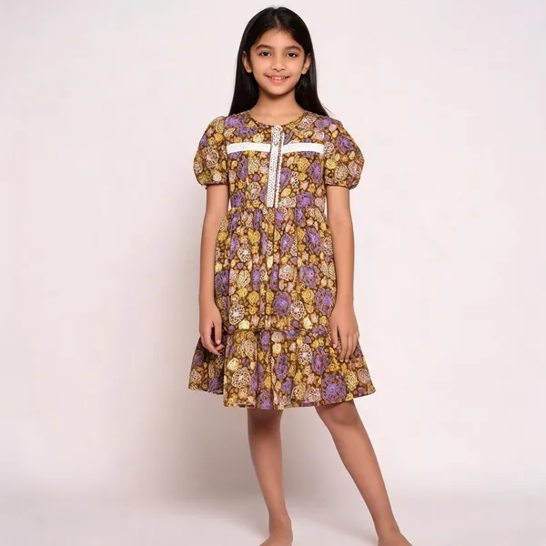 Brown_Floral_Print_Puff_Sleeve_Fit_And_Flare_Dress_For_Girls