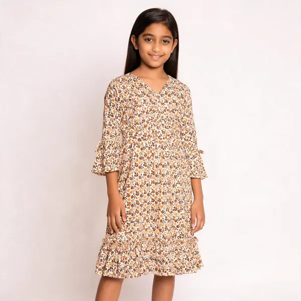 Beige_Floral_Print_Fit_And_Flare_Dress_For_Girls