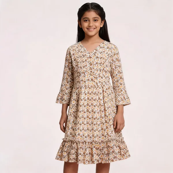 Beige_Floral_Print_Fit_And_Flare_Dress_For_Girls