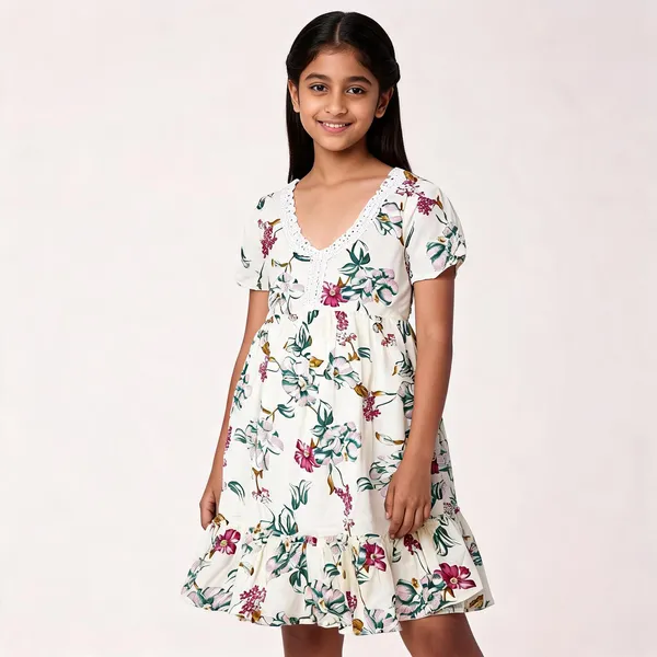 White_Floral_Print_Puff_Sleeve_Dress_For_Girls