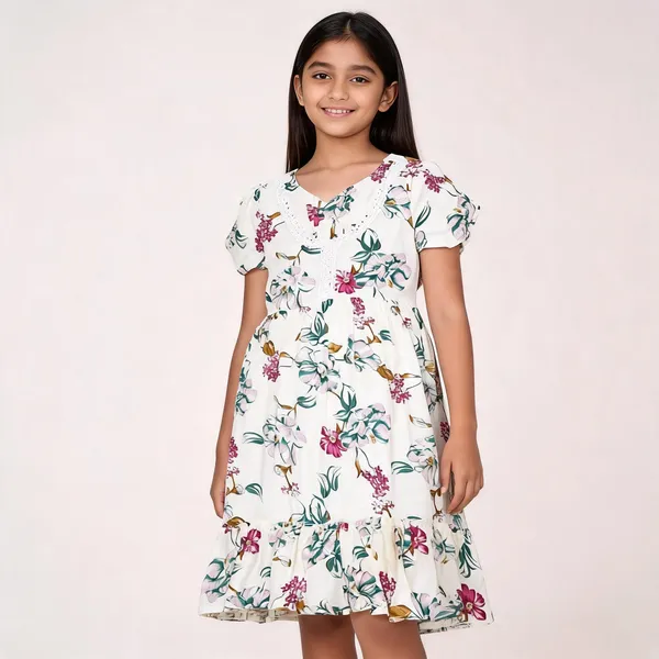 White_Floral_Print_Puff_Sleeve_Dress_For_Girls