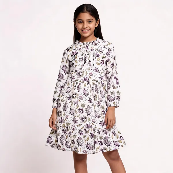 White_Floral_Print_Full_Sleeve_Fit_Flare_Dress_For_Girls