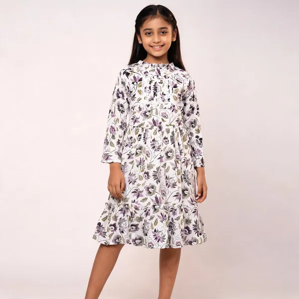 White_Floral_Print_Full_Sleeve_Fit_Flare_Dress_For_Girls