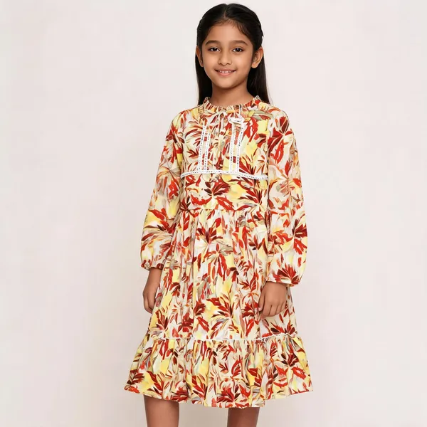 Multicolor_Floral_Print_Long_Sleeve_Girls_Dress