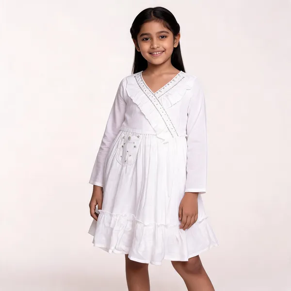 White_Cotton_Wrap_Style_Full_Sleeve_Dress_For_Girls