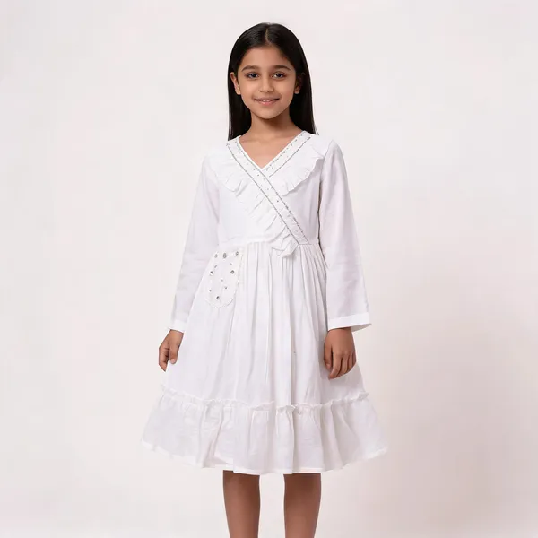 White_Cotton_Wrap_Style_Full_Sleeve_Dress_For_Girls
