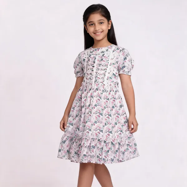 White_Floral_Print_Frock_Style_Dress_For_Girls