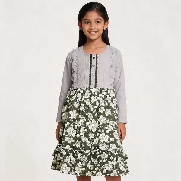 Grey_Green_Cotton_Floral_Print_Full_Sleeve_Dress_For_Girls